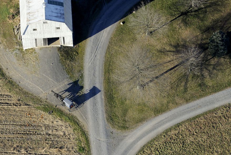 ** FILE ** An Amish buggy heads down a driveway to a farm near Washingtonville, Pa., on Wednesday, Nov. 20, 2013. (AP Photo/Bloomsburg Press Enterprise, Jimmy May)