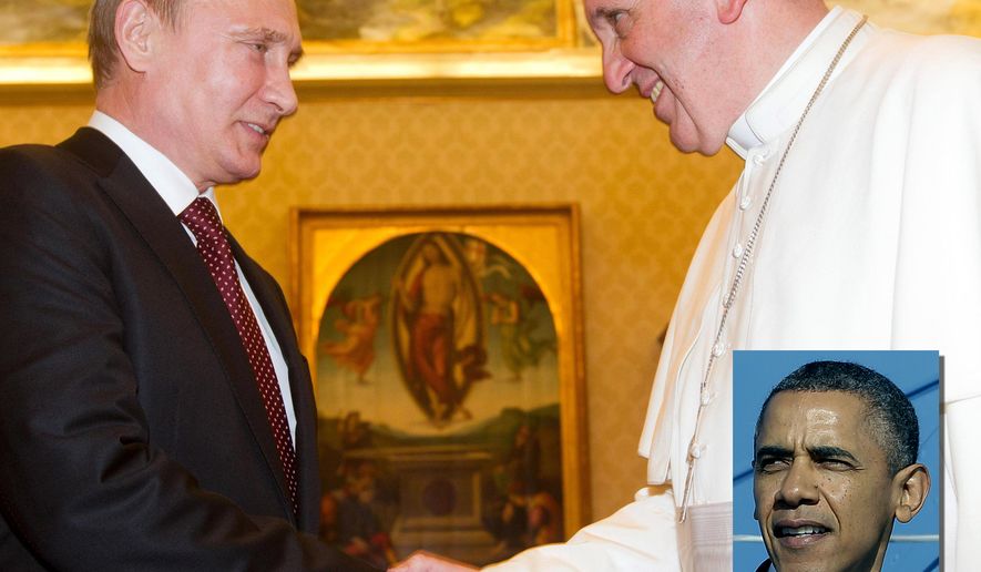 Pope Francis and Russian President Vladimir Putin, left, shake hands for the media on the occasion of their private audience at the Vatican, Monday, Nov. 25, 2013. Putin and Francis met privately for 35 minutes Monday evening in the pope&#39;s private library. (AP Photo/Claudio Peri, Pool)