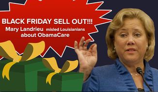 The National Republican Senatorial Committee is showering Black Friday shoppers with fliers showcasing Democrats up for re-election who endorsed Obamacare, such as Sen. Mary Landrieu of Louisiana. (National Republican Senatorial Committee)