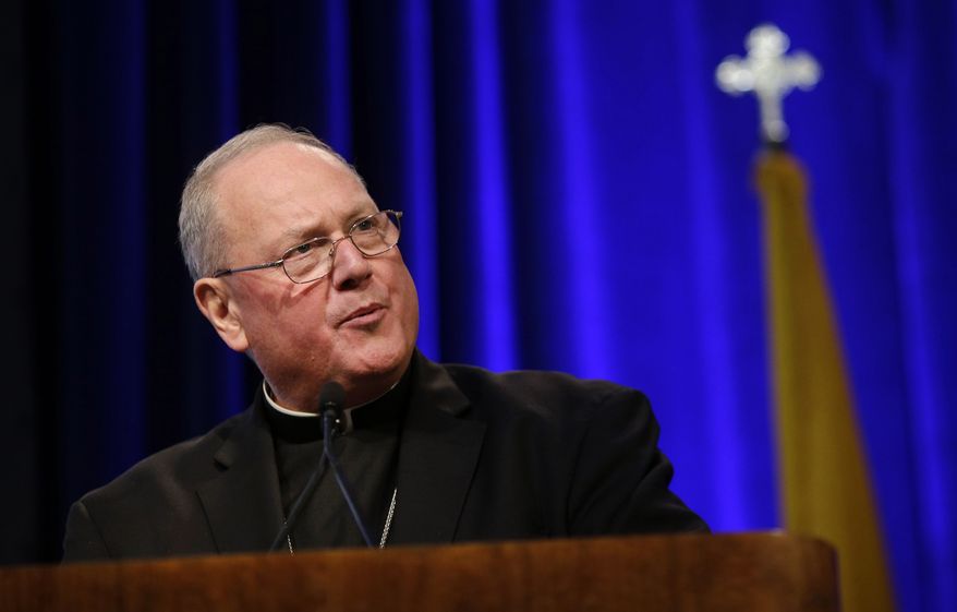 ** FILE ** This Nov. 11, 2013, photo shows Cardinal Timothy Dolan, of New York, president of the United States Conference of Catholic Bishops, delivering remarks at the conference's annual fall meeting in Baltimore. (AP Photo/Patrick Semansky, File)