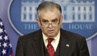 ** FILE ** Then-Transportation Secretary Ray LaHood briefs reporters regarding the sequester on Friday, Feb. 22, 2013, at the White House in Washington. (Associated Press)