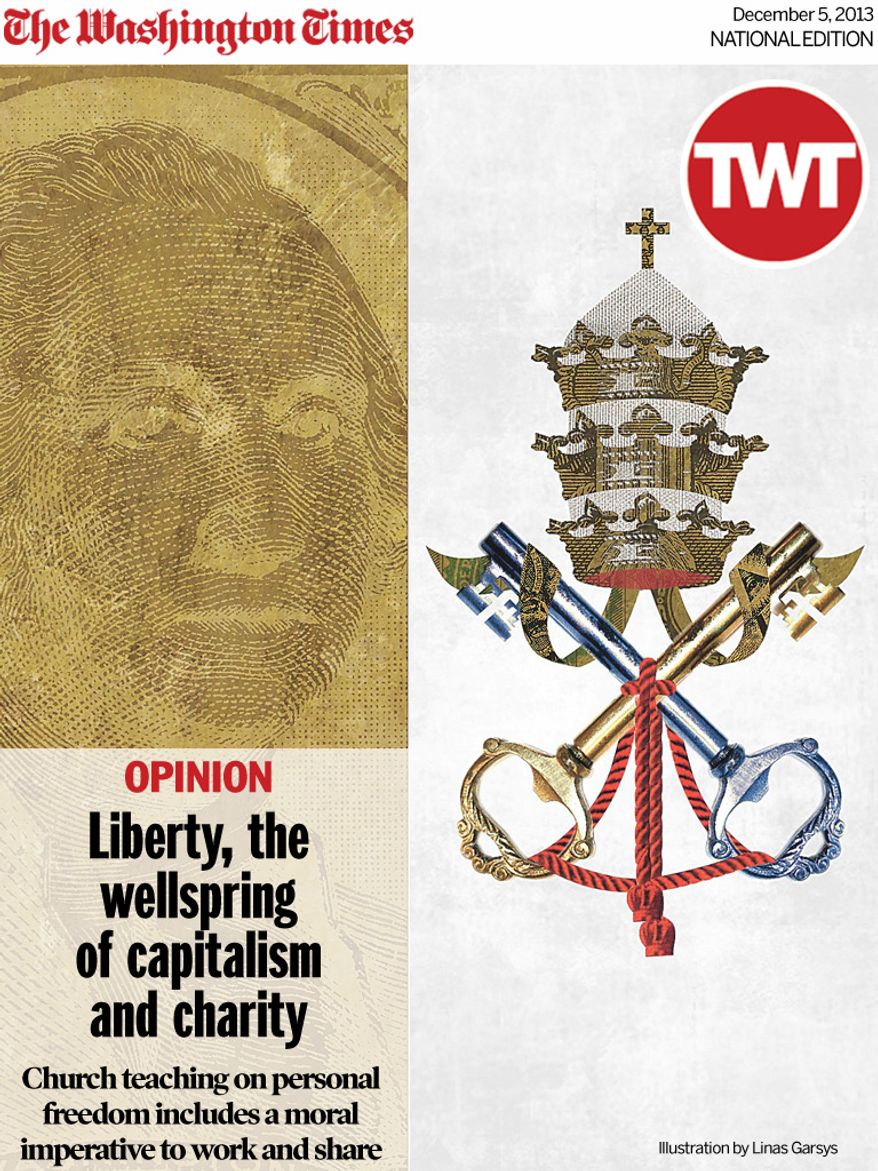 National Edition Opinion cover for December 5, 2013 - Liberty, the wellspring of capitalism and charity (Illustration by Linas Garsys for The Washington Times)
