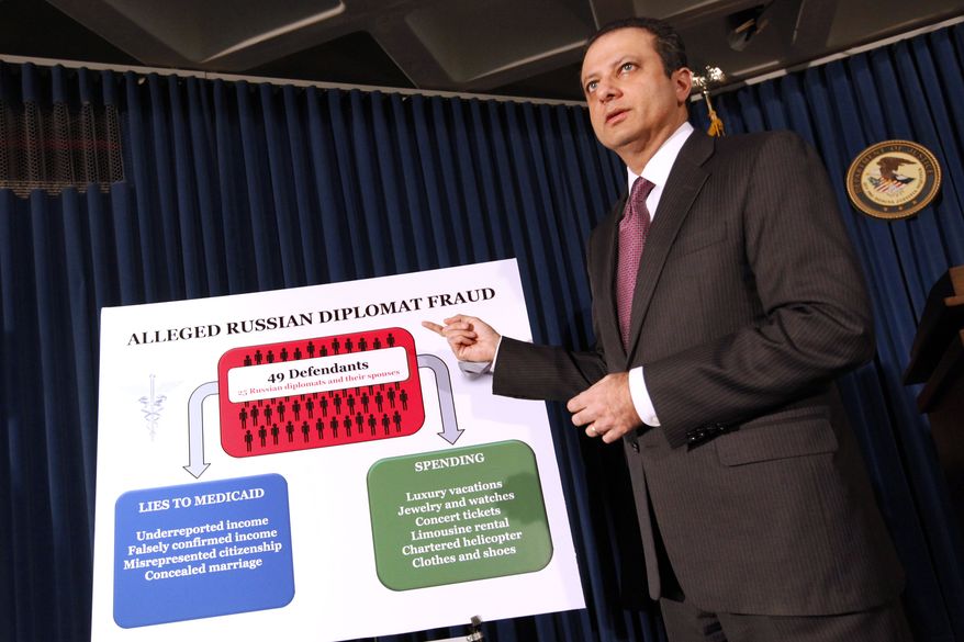 U.S. Attorney Preet Bharara announces charges against more than a dozen Russian diplomats and their spouses living in New York during a news conference Thursday, Dec. 5, 2013 in New York. The charges stem from the defendants' alleged involvement in a $1.5 million fraud of a U.S. government health program for the poor. (AP Photo/Jason DeCrow)