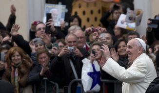 Pope Francis waves as he arrives at the Spanish Steps to pray at the statue of the Virgin Mary, in central Rome, Sunday, Dec. 8, 2013 on the occasion of the Immaculate Conception feast. (AP Photo/Alessandra Tarantino)