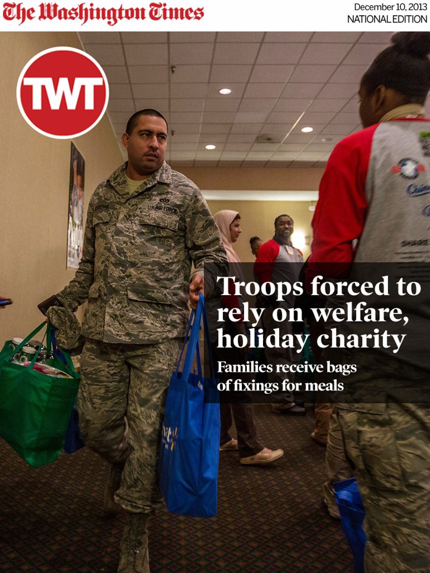 National Edition News Cover for December 10, 2013 - Troops forced to rely on welfare, holiday charity: TSgt. Leopold Herrera, stationed at Andrews AFB, receives bags full of food, treats, and supplies for the holiday season during Operation Homefront's "Holiday meals for Military", in Clinton, MD., Monday, December 9, 2013. (Andrew S Geraci/The Washington Times)