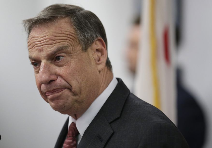 FILE - This July 26, 2013 file photo shows San Diego mayor Bob Filner speaking during a news conference at City Hall in San Diego. Filner has been booked into jail and released. The Democrat resigned less than two months ago, after several women publicly accused him of sexual harassment and unwanted advances. Filner pleaded guilty to one felony and two misdemeanors involving allegations by three different women.(AP Photo/Gregory Bull, file)