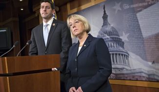 ** FILE ** House Budget Committee Chairman Paul Ryan, R-Wis., left, and Senate Budget Committee Chairwoman Patty Murray, D-Wash., listen to a question after announcing a tentative agreement between Republican and Democratic negotiators on a government spending plan, at the Capitol in Washington, Tuesday, Dec. 10, 2013. (AP Photo/J. Scott Applewhite)