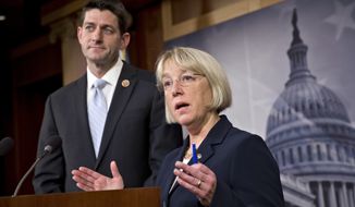 House Budget Committee Chairman Paul Ryan, R-Wis., left, and Senate Budget Committee Chairwoman Patty Murray, D-Wash., announce a tentative agreement between Republican and Democratic negotiators on a government spending plan, at the Capitol in Washington, Tuesday, Dec. 10, 2013. (AP Photo/J. Scott Applewhite)