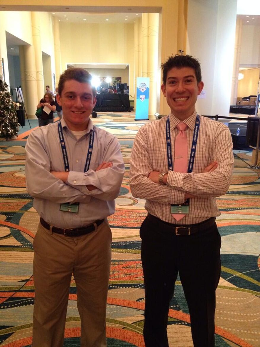 Massachusetts high school student Chris Cotillo (left) has picked up a few scoops already this offseason, including being the first to report the trade of Doug Fister from the Detroit Tigers to the Washington Nationals. Cotillo's Twitter account features pictures of him with Yahoo Sports MLB writer Jeff Passan, among others. (Via Twitter @ChrisCotillo)