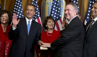 ** FILE ** In this Jan. 3, 2013, file photo, Rep. Steve Stockman, R-Texas, second from right, participates in a mock swearing-in ceremony with Speaker of the House Rep. John Boehner, R-Ohio, for the 113th Congress in Washington. Stockman shocked the political world by filing a last-minute Republican primary challenge Monday, Dec. 9, 2013, against incumbent U.S. Sen. John Cornyn. Cornyn is the Senate&#x27;s minority whip and had appeared likely to escape a major primary challenge from the tea party or other conservative factions. (AP Photo/ Evan Vucci, File)