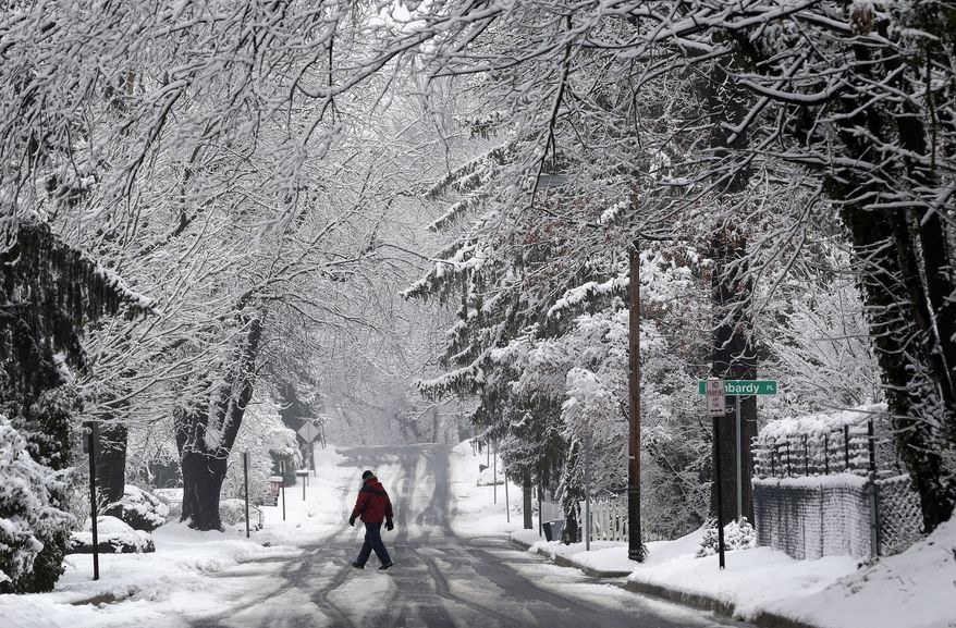 A man walks on a snowy road in Towson, Md., Tuesday, Dec. 10, 2013. Residents along the East Coast and in the Appalachians woke up to snow Tuesday and government workers and students in the Washington region were told to stay home as the area saw a round of snow that came just a few days after some parts already got several inches. (AP Photo/Patrick Semansky)