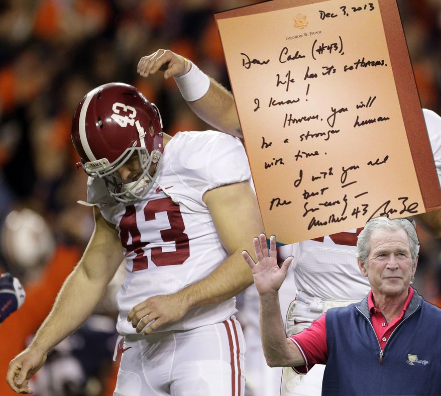 Alabama quarterback AJ McCarron (10) consoles kicker Cade Foster (43) after he missed a field goal against Auburn during the first half of an NCAA college football game in Auburn, Ala., Saturday, Nov. 30, 2013. (AP Photo/Dave Martin)