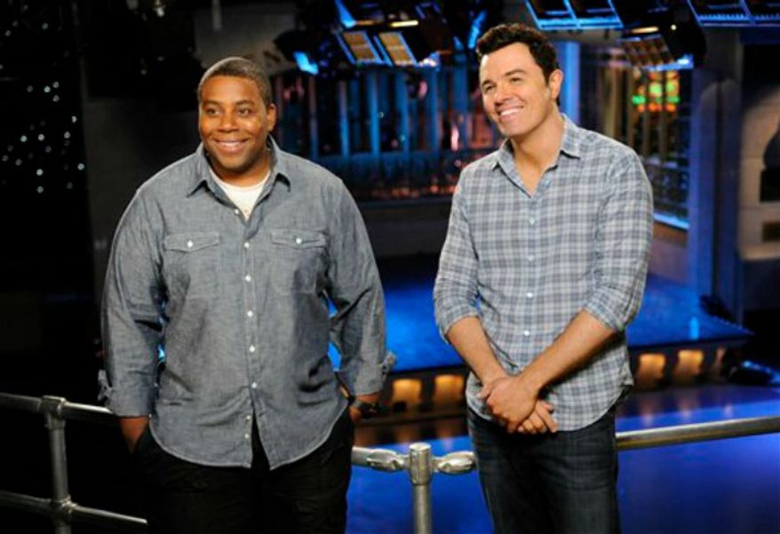 Kenan Thompson, left, and host Seth MacFarlane on the set of "Saturday Night Live" in New York, Sept. 11, 2012. (AP Photo/NBC, Dana Edelson)