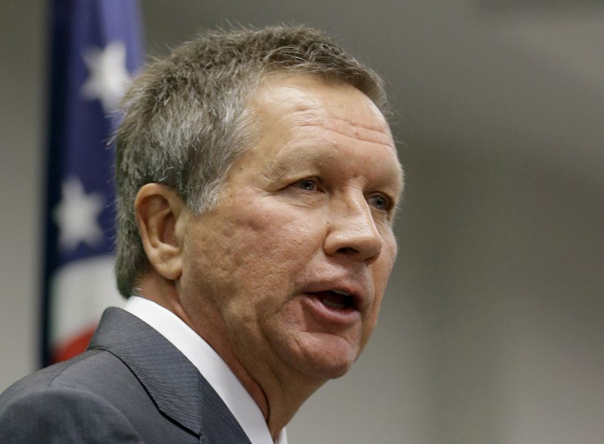FILE - In this Oct. 18, 2013 file photo, Ohio Gov. John Kasich speaks in Cleveland. Partisan politics are coloring governors’ decisions on whether to expand Medicaid in their states, affecting billions of dollars and thousands of low-income Americans. Whether those people receive Medicaid coverage may have little to do with their need, and much to do with the way their states vote in gubernatorial elections, including primaries. (AP Photo/Tony Dejak, File)