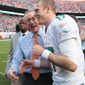 Miami Dolphins owner Joe Philbin, front left, congratulates quarterback Ryan Tannehill at the end of an NFL football game against the New England Patriots, Sunday, Dec. 15, 2013, in Miami Gardens, Fla. The Dolphins defeated the Patriots 24-20. (AP Photo/J Pat Carter)