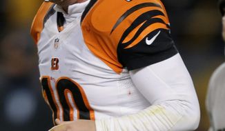 Cincinnati Bengals punter Kevin Huber (10) is taken from the field after being injured in the first half of an NFL football game between the Pittsburgh Steelers and the Cincinnati Bengals on Sunday, Dec. 15, 2013 in Pittsburgh. (AP Photo/Gene J. Puskar)