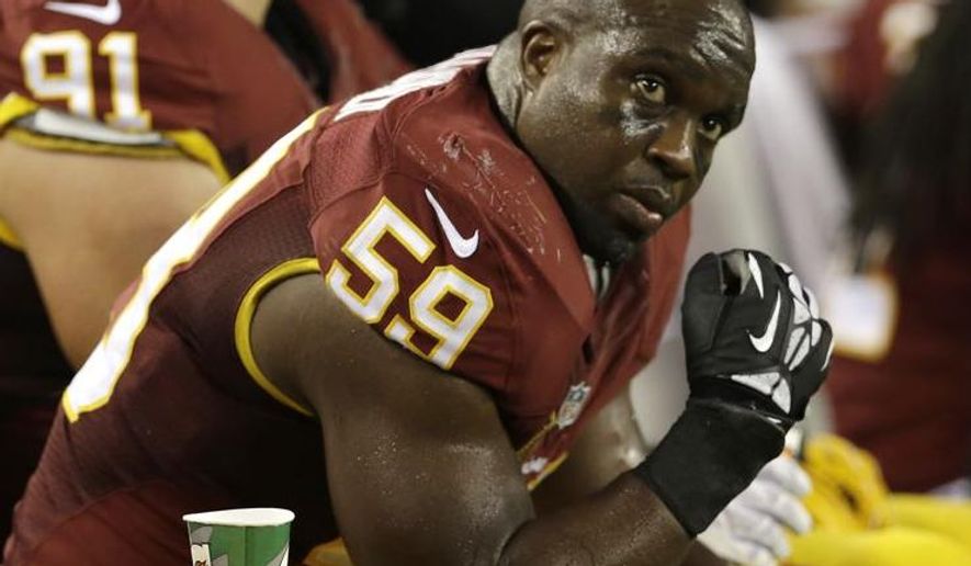 Washington Redskins inside linebacker London Fletcher (59) sits on the bench in the second half of an NFL football game against the Dallas Cowboys Sunday, Oct. 13, 2013, in Arlington, Texas. (AP Photo/LM Otero)