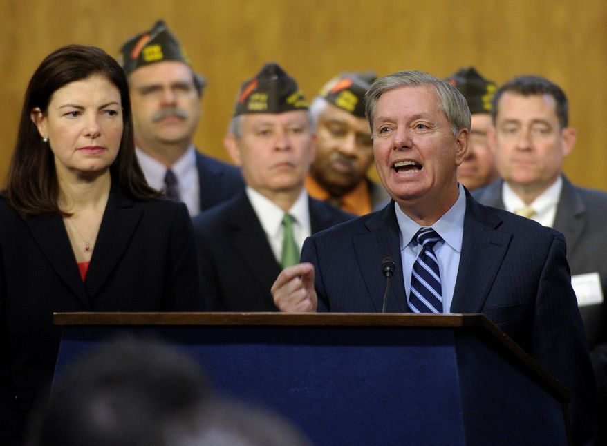 Sen. Lindsey Graham, South Carolina Republican, has been a vocal supporter of a fix of the budget bill and asked President Obama to hold off on signing it and give Congress a chance to fix the provision before it becomes law. He and Sen. Kelly Ayotte, New Hampshire Republican (left), suggested paying for the change by better regulating food stamp eligibility and child earned income tax credits to prevent fraud. (ASSOCIATED PRESS)