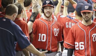 Washington Nationals&#39; Corey Brown (10) is congratulated by teammates after he and Ian Desmond scored on a single by Tyler Moore during the ninth inning of a baseball game against the Miami Marlins, Saturday, Sept. 7, 2013, in Miami. The Nationals defeated the Marlins 9-2. (AP Photo/Wilfredo Lee)