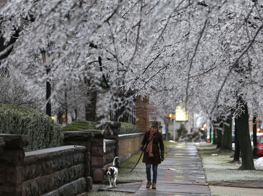 Heather Griffin, of Buffalo, N.Y., and her dog Sal walk beneath ice-covered trees on Sunday, Dec. 22, 2013, in Buffalo. As Americans and Canadians ushered in the first official day of winter, the weather provided many with a variety of surprises. Snow and ice hit Michigan, Canada, New England and upstate New York. Some other eastern regions were hit with temperatures in the 60s and 70s. Flooding in the South was blamed for at least four deaths while apparent tornadoes caused destruction in Arkansas. (AP Photo/Mike Groll)