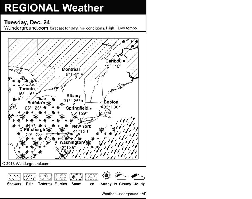 This is the Weather Underground forecast for Tuesday, December 24, 2013 for the eastern region of the U.S. (AP Photo/Weather Underground)