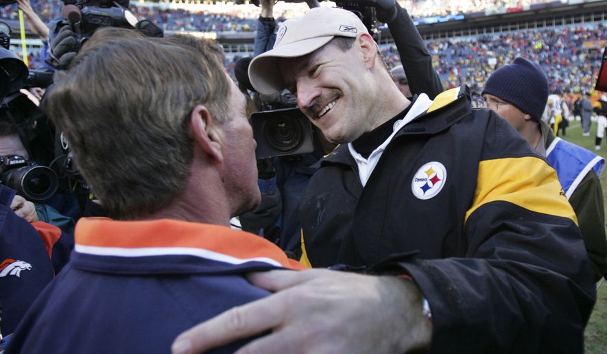 Pittsburgh Steelers head coach Bill Cowher, right, greets Denver Broncos head coach Mike Shanahan after the Steelers won 34-17 in the AFC Championship football game Sunday, Jan. 22, 2006, in Denver. The Steelers advanced to Super Bowl XL with the win.  (AP Photo/Charles Krupa)