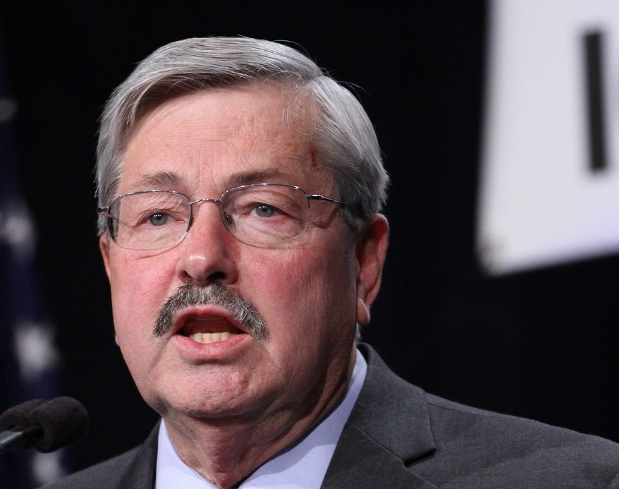 FILE - In this Nov. 9, 2013 file photo, Iowa Governor Terry Branstad speaks in Des Moines Iowa. (AP Photo by Justin Hayworth, File)