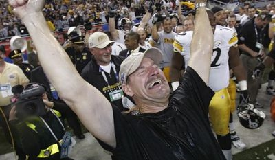 ** FILE ** Pittsburgh Steelers head coach Bill Cowher reacts after being doused with water after the team&#39;s 21-10 win over the Seattle Seahawks in the Super Bowl XL football game in Detroit, in this Feb. 5, 2006 file photo. (AP Photo/Gene J. Puskar, File)