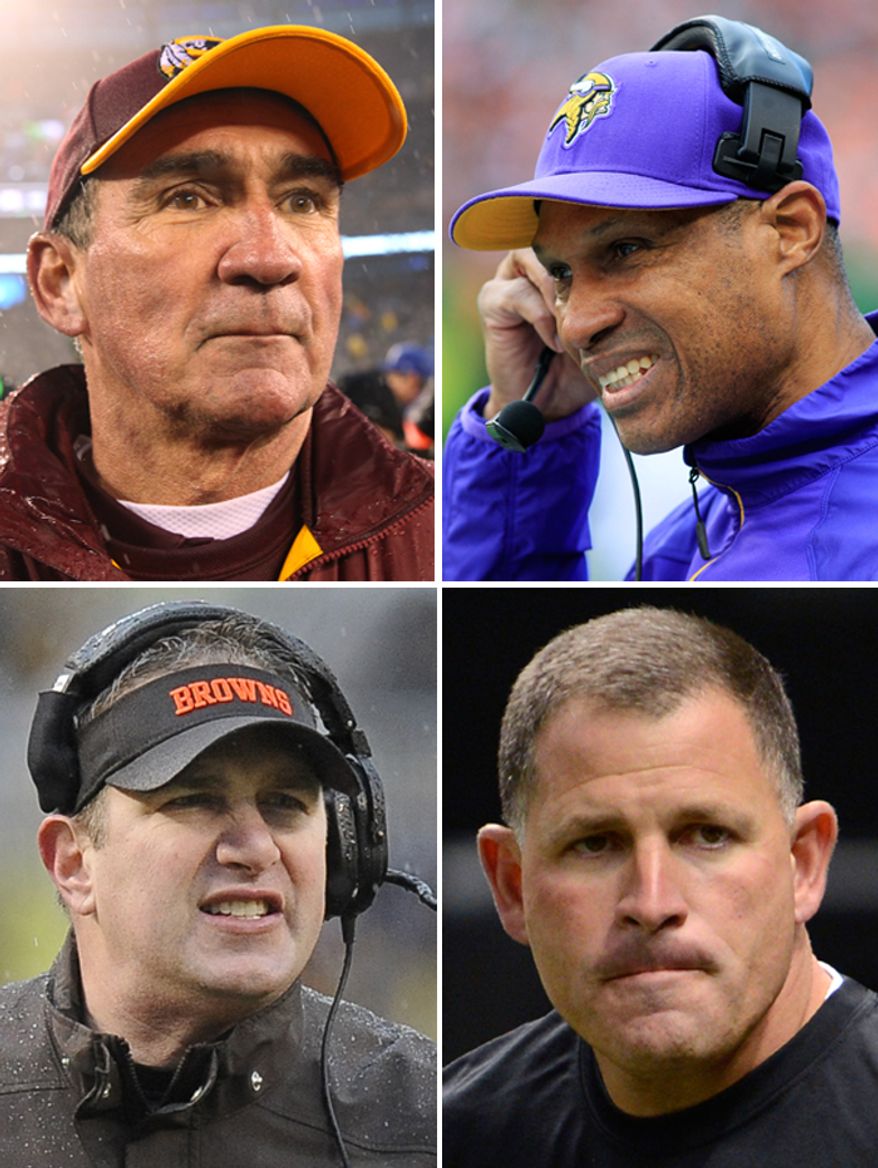 NFL head coaches fired by their respective teams. Washington Redskins Mike Shanahan, Minnesota Vikings Leslie Frazier, Cleveland Browns Rob Chudzinski, Tampa Bay Buccaneers Greg Schiano.