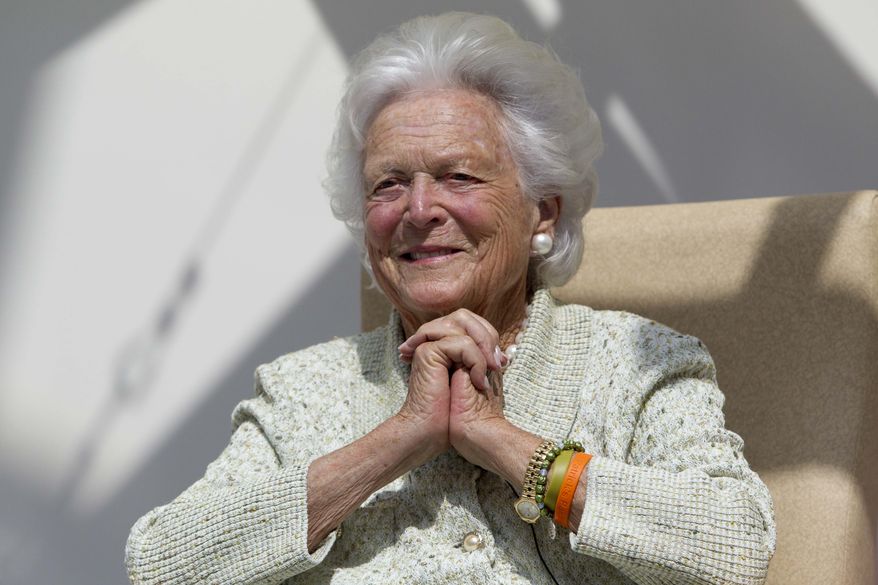 FILE - In this Thursday, Aug. 22, 2013 file photo, former first lady Barbara Bush listens to a patient's question during a visit to the Barbara Bush Children's Hospital at Maine Medical Center in Portland, Maine. Former first lady Barbara Bush has been hospitalized in Houston with a respiratory-related issue, Tuesday, Dec. 31, 2013. A statement Tuesday night from the office of her husband, former President George H.W. Bush, said she was admitted to Houston Methodist Hospital on Monday. (AP Photo/Robert F. Bukaty, File)