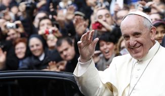 Pope Francis waves as he leaves Rome&#39;s Jesus&#39; Church to celebrate a mass with the Jesuits, on the occasion of the order&#39;s titular feast, Friday, Jan. 3, 2014. (AP Photo/Riccardo De Luca)