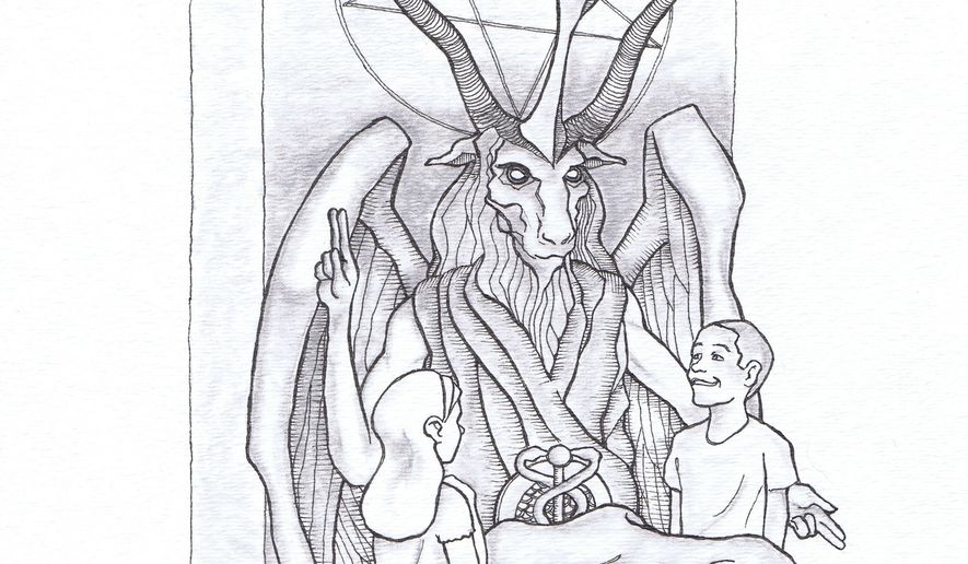 This artist&#39;s rendering provided by the Satanic Temple shows a proposed monument that the New York-based Satanic group wants to place at the Oklahoma state Capitol. The statue features a bearded, goat-headed demon sitting in a pentagram-adorned throne with children next to it. (AP Photo/Satanic Temple) ** FILE **