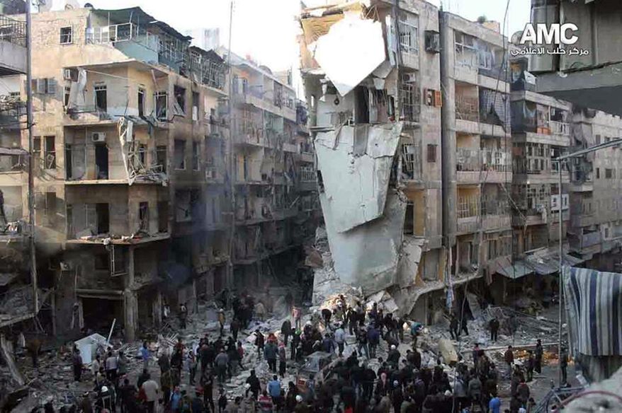 In this Tuesday, Dec. 17, 2013 citizen journalism image provided by Aleppo Media Center, AMC, and released Wednesday, Dec. 18, 2013, which has been authenticated based on its contents and other AP reporting, Syrians inspect the rubble of damaged buildings following a Syrian government airstrike in Aleppo, Syria. A burst of strength by al-Qaida that is chipping away at the remains of Mideast stability now confronts President Barack Obama, testing his hands-off approach to conflicts in Iraq and Syria at the same time he pushes to keep thousands of U.S. forces in Afghanistan. (AP Photo/Aleppo Media Center, AMC)