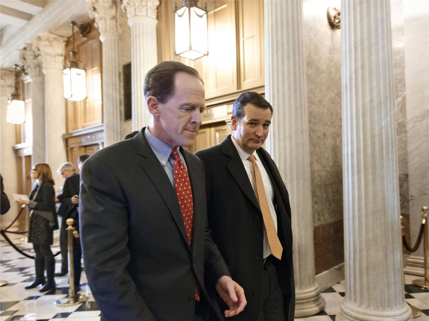 Sen. Pat Toomey, R-Pa., left, and Sen. Ted Cruz, R-Texas, right, arrive at the Senate on Capitol Hill in Washington, Tuesday, Jan. 7, 2014, for a procedural vote on legislation to renew jobless benefits for the long-term unemployed. The vote was 60-37 to limit debate on the legislation, with a half-dozen Republicans siding with the Democrats on the test vote. (AP Photo/J. Scott Applewhite)