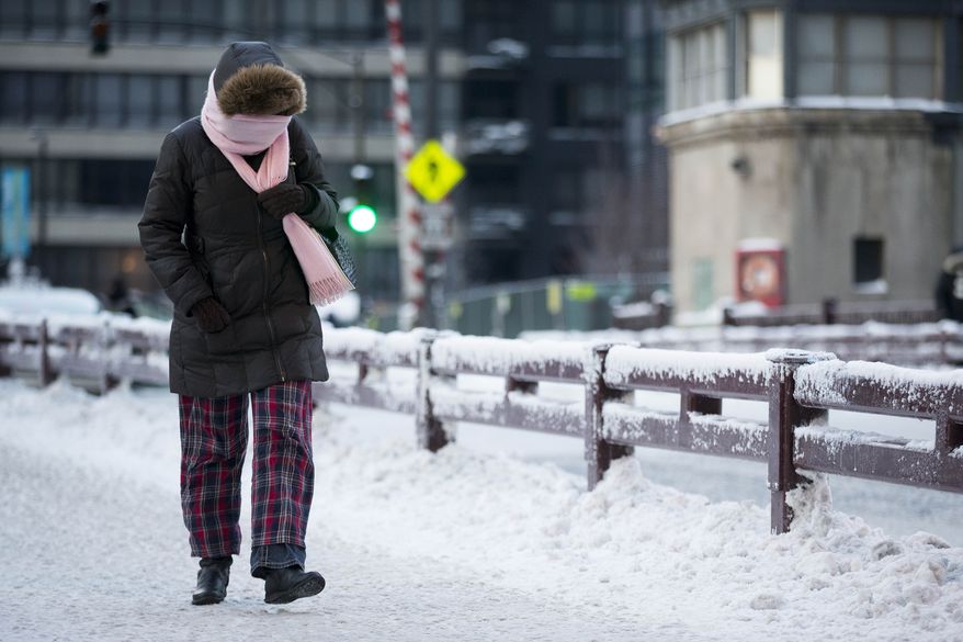 A commuter departs from Union Station with wind chills nearing minus 30 Fahrenheit on Tuesday, Jan. 7, 2014, in downtown Chicago. Dangerously cold polar air snapped decades-old records as it spread Tuesday from the Midwest to southern and eastern parts of the U.S. and eastern Canada, making it hazardous to venture outside and keeping many schools and businesses closed. (AP Photo/Andrew A. Nelles)