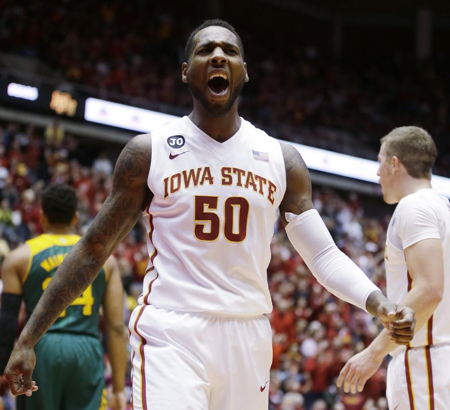 Iowa State guard DeAndre Kane reacts after making a basket during the first half of an NCAA college basketball game against Baylor, Tuesday, Jan. 7, 2014, in Ames, Iowa. Kane scored 30 points as Iowa State won 87-72. (AP Photo/Charlie Neibergall)