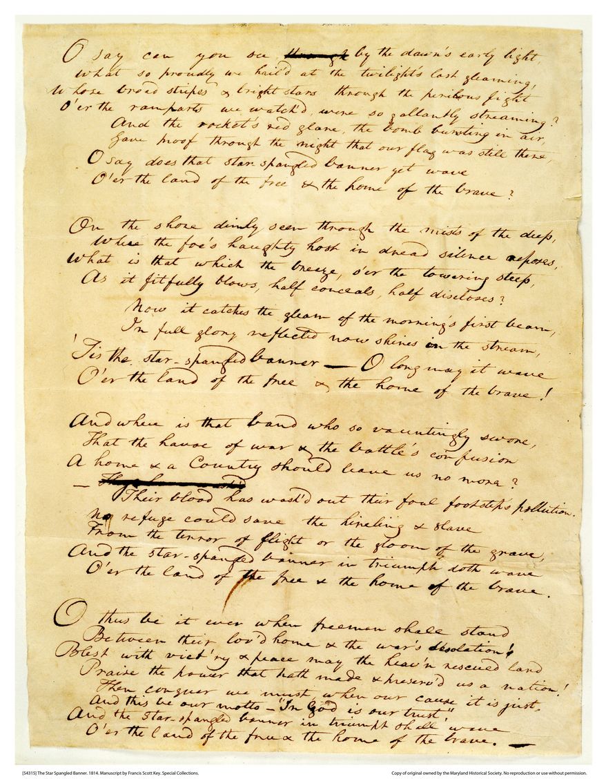 This undated handout image provided by the Maryland Historical Society shows the 1814 Star-Spangled Banner manuscript by Francis Scott Key. (AP Photo/The Maryland Historical Society)