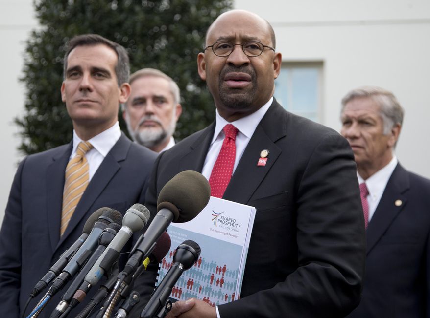 Philadelphia Mayor Michael Nutter speaks to media outside the White House in Washington, Thursday, Jan. 9, 2014, after an event with President Barack Obama about the Promise Zones Initiative. At left is Los Angeles Mayor Eric Garcetti. The Promise Zone Initiative is part of a plan to create a better bargain for the middle-class by partnering with local communities and businesses to create jobs, increase economic security, expand educational opportunities, increase access to quality, affordable housing and improve public safety. (AP Photo/Carolyn Kaster)