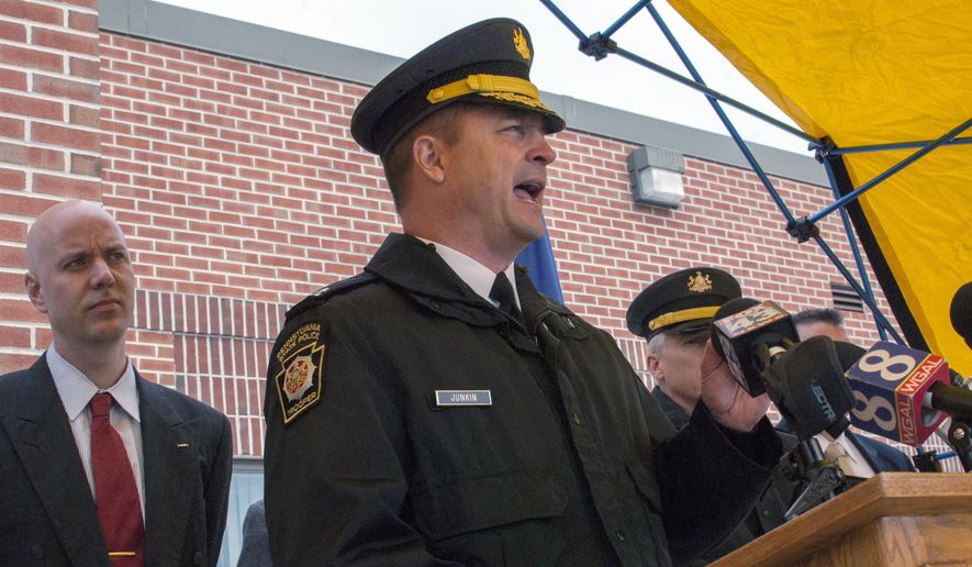 ** FILE ** Pennsylvania State Police Capt. Steven Junkin speaks during a news conference, Friday, Jan, 10, 2014, in Chambersburg, Pa. (AP Photo/The Republican-Herald, Joshua Vaughn)