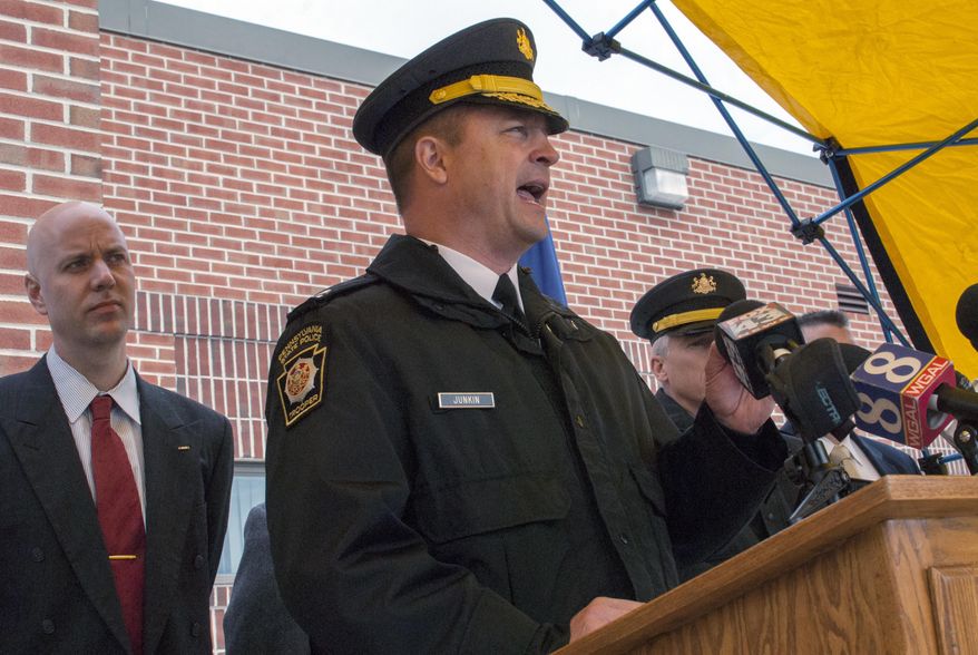 ** FILE ** Pennsylvania State Police Capt. Steven Junkin speaks during a news conference, Friday, Jan, 10, 2014, in Chambersburg, Pa. (AP Photo/The Republican-Herald, Joshua Vaughn)