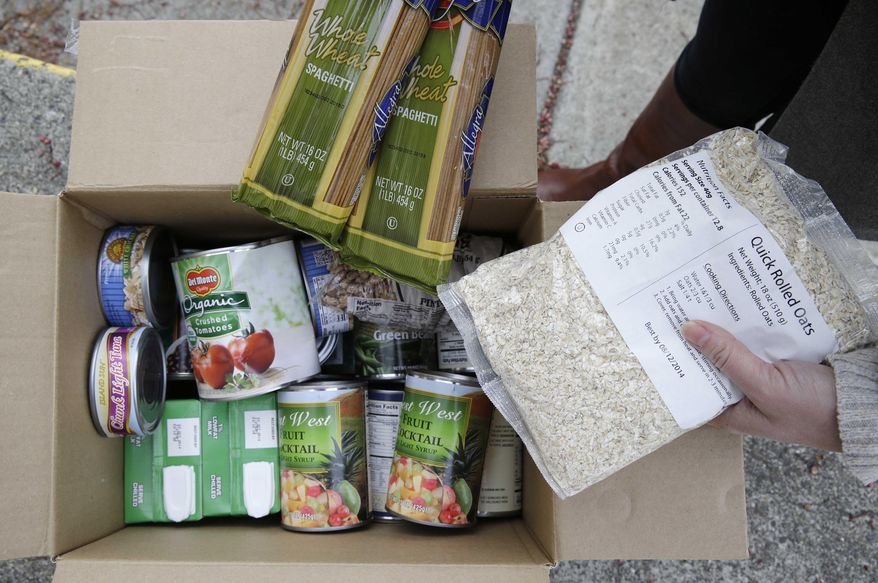 This photo taken Jan. 8, 2014 shows the contents of a specially prepared box of food at a food bank distribution in Petaluma, Calif., part of a research project with Feeding America to try to improve the health of diabetics in food-insecure families. Doctors are warning that the federal government could be socked with a bigger health bill if Congress cuts food stamps _ maybe not immediately, they say, but if the poor wind up in doctors' offices or hospitals as a result. (AP Photo/Eric Risberg)