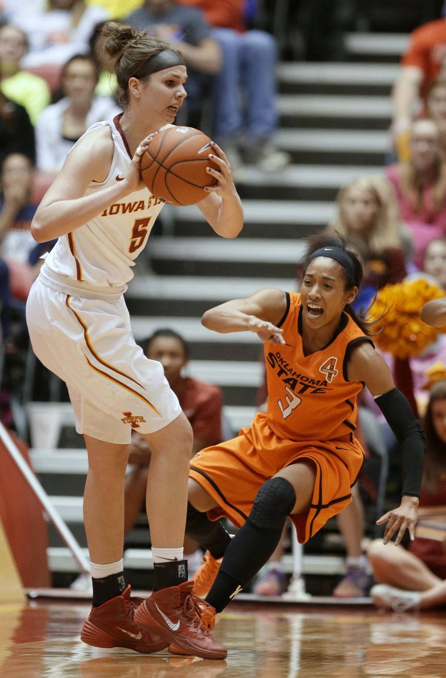 Iowa State forward Hallie Christofferson, left, passes in front of Oklahoma State guard Tiffany Bias during the first half of an NCAA college basketball game, Saturday, Jan. 11, 2014, in Ames, Iowa. (AP Photo/Charlie Neibergall)