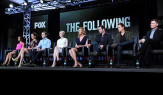 From left, Tiffany Boone, Jessica Stroup, Sam Underwood, Valorie Curry, Connie Nielson, James Purefoy, Kevin Bacon, and creator Kevin Williamson are seen during the panel for &amp;quot;The Following&amp;quot; at the FOX Winter 2014 TCA, on Monday, Jan. 13, 2014, at the Langham Hotel in Pasadena, Calif. The two stars of Fox&#39;s creepy thriller &amp;quot;The Following&amp;quot; admit that their show gives them nightmares. Bacon and Purefoy both said today that the characters stick with them after work. (Photo by Richard Shotwell/Invision/AP)