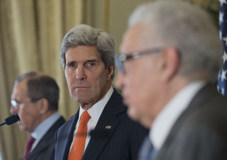 U.S. Secretary of State John Kerry, center, with Russia's Foreign Minister Sergey Lavrov, left, and U.N-Arab League envoy for Syria Lakhdar Brahimi, right, attend a joint news conference at the US Ambassador's residence in Paris, France, Monday, Jan. 13, 2014. Kerry is in Paris for meetings on Syria to rally international support for ending the three-year civil war in Syria. (AP Photo/Pablo Martinez Monsivais, Pool)