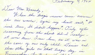 This image released Tuesday, Jan. 14, 2014, by the John F. Kennedy Presidential Library and Museum in Boston shows a portion of a condolence letter by Maxine McNair sent to President Kennedy&#x27;s widow, Jacqueline, after he was assassinated on Nov. 22, 1963. McNair was the mother of Denise McNair, 11, who was killed in the September 1963 bombing of the 16th Baptist Church in Birmingham, Ala. The condolence messages are from the personal papers of Jacqueline Kennedy Onassis and contains approximately 22,000 letters, telegrams and cards from people around the world.  (AP Photo/John F. Kennedy Presidential Library and Museum)