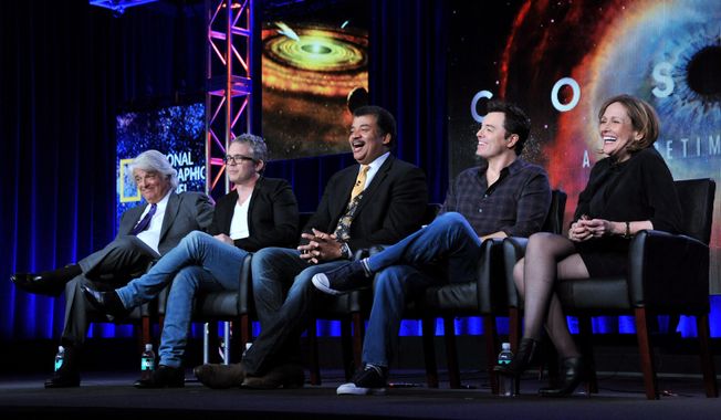 Executive producer, from left, Mitchell Cannold, executive producer Brannon Braga, host Neil DeGrasse Tyson, executive producer Seth MacFarlane, and writer Ann Druyan participate on a panel for &amp;quot;Cosmos&amp;quot; at the FOX Winter 2014 TCA, on Monday, Jan. 13, 2014, at the Langham Hotel in Pasadena, Calif. (Photo by Richard Shotwell/Invision/AP)