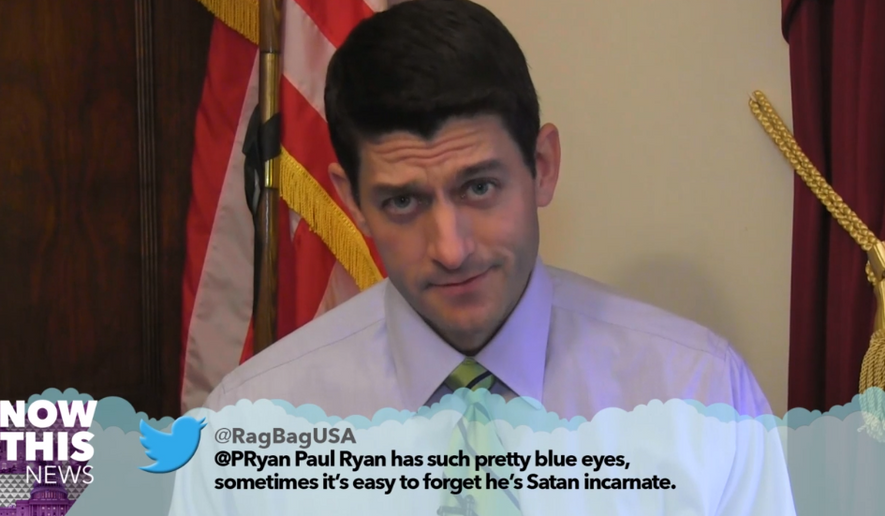 Rep. Paul Ryan reads a negative tweet about himself aloud in a video titled "Mean Tweets DC" by NowThis News. (NowThis News)