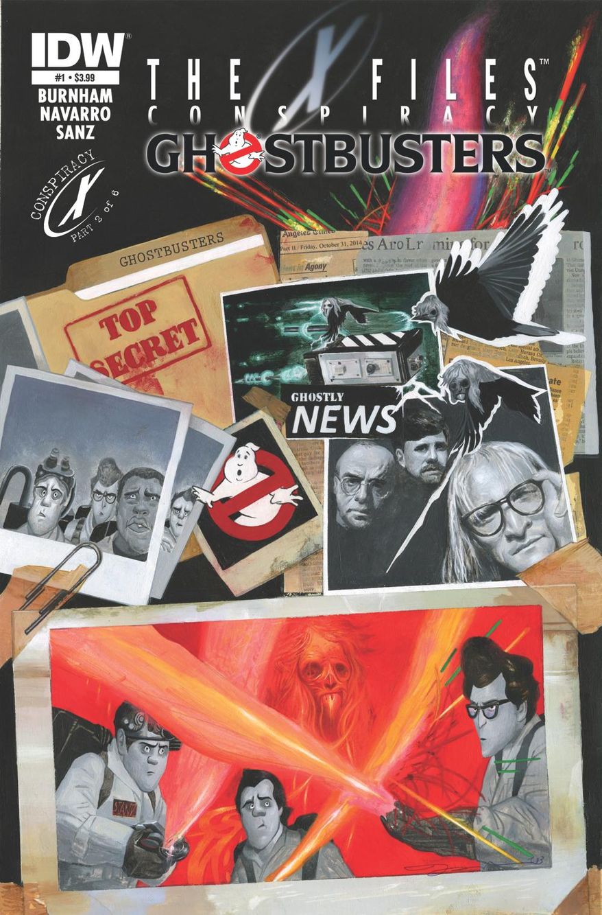 This comic book cover image released by IDW Publishing shows an issue from the "X-Files: Conspiracy," series featuring the Lone Gunmen. The Lone Gunmen, a trio of fictional characters who appeared in recurring roles on the popular science fiction series, will attempt to blow wide open rumors of Transformers, Ghostbusters and Teenage Mutant Ninja Turtles. (AP Photo/IDW Publishing)