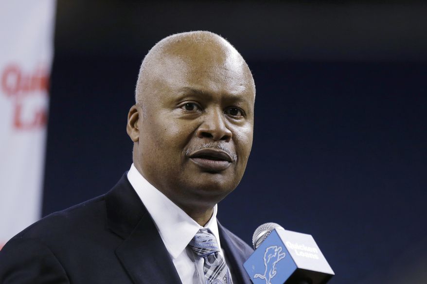 New Detroit Lions head coach Jim Caldwell addresses the media at Ford Field in Detroit, Wednesday, Jan. 15, 2014. Caldwell previously was the Baltimore Ravens quarterbacks coach and offensive coordinator. (AP Photo/Carlos Osorio)