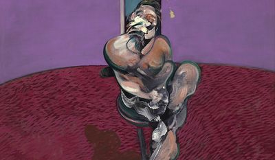 In this undated photo made available by Christies auction house in London, Wednesday, Jan. 15, 2014, showing a reproduction of a portrait painting by Francis Bacon. The portrait of his lover and muse is going up for auction, with an estimated value of 30 million British pounds (some 49.3 million US dollars), entitled “Portrait of George Dyer Talking” and depicts the young Londoner with whom Bacon had a turbulent relationship.  The value of Bacon’s work has soared since his death in 1992 and the painting will be offered by Christie’s in London on Feb. 13, 2014. (AP Photo/Christie&#39;s)